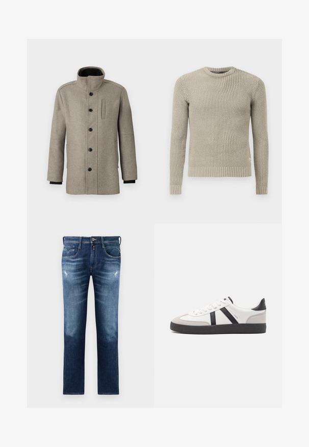 Svetle šedý vlněný kabát s vysokým límcem, předním zapínáním na knoflíky a boční kapsou. Má dlouhé rukávy a hladkou strukturu.; Krémový pletený svetr s dlouhými rukávy, ribbovanými manžetami a lemem, kulatým výstřihem, texturovaným vzorem, vyrobený z jemného materiálu.; Modré džíny z denimu s klasickým střihem, s vybledlým vzhledem, mírným poškozením, pěti kapsami a kontrastním prošíváním. Zapínání na knoflík v pase.; Bílé tenisky s černými a šedými akcenty, opatřené texturovaným šedým prstovým krytem, černou gumovou podrážkou a plochými bílými tkaničkami. Čistý design, minimalistický styl.