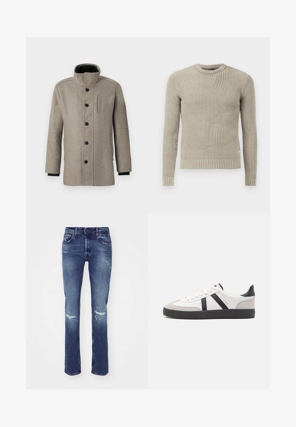 Cappotto di lana grigio chiaro con colletto alto, chiusura con bottoni frontali e tasca laterale. Presenta maniche lunghe e una texture liscia.; Maglione beige lavorato a maglia con maniche lunghe, polsini e orlo a coste, collo rotondo, motivo testurizzato, realizzato in materiale morbido.; Jeans in denim blu scuro con gamba dritta, toppe strappate sulle ginocchia, cinque tasche e chiusura a bottoni in vita.; Sneaker bianco con accenti neri e grigi, dotata di una punta grigia testurizzata, suola in gomma nera e lacci bianchi piatti. Design pulito, stile minimalista.