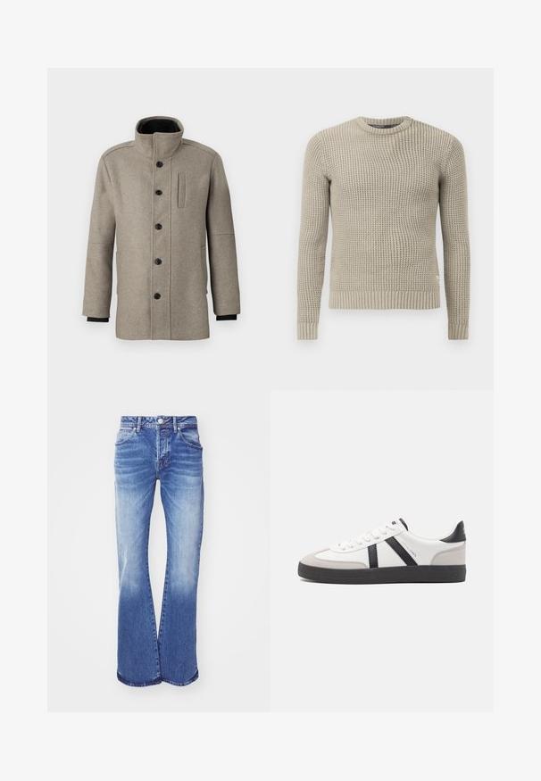 Svetlo siva volna pika s visokim ovratnikom, sprednjim gumbom in stransko žepom. Ima dolge rokave in gladko teksturo.; Bež pleteni pulover z dolgimi rokavi, rebrastim manšetnim in spodnjim robom, okroglim izrezom, teksturiranim vzorcem, izdelan iz mehkega materiala.; Svetlo modri traper flared jeans z zbledelim pranjem, petimi žepi, zaklepanjem na gumb in šivanim detajlom ob šivih. Širok odprtina za noge.; Bela športna obutev z črnimi in sivo akcenti, z teksturirano sivo kapico za prste, črnim gumijastim podplatom in ravnimi belimi vezalkami. Čista zasnova, minimalistični slog.