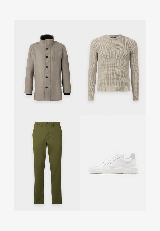Hellgrauer Wollmantel mit hohem Kragen, vorderem Knopfverschluss und Seitentasche. Mit langen Ärmeln und einer glatten Textur.; Beige gestrickter Pullover mit langen Ärmeln, gerippten Bündchen und Saum, Rundhalsausschnitt, strukturiertem Muster, aus weichem Material hergestellt.; Olivengrüne Baumwollhose, gerade Schnittform, Knopfverschluss, mit Gürtelschlaufen und Seitentaschen, glatte Textur, ohne Muster.; Weiße Leder-Sneaker mit glatter Oberfläche, rundem Zehenbereich, flachen Schnürsenkeln und strukturiertem Schuhsohlen. Graues Wildleder-Detail an der Ferse.