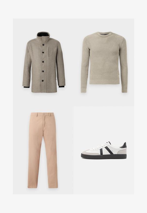Abrigo de lana gris claro con un cuello alto, cierre frontal de botones y un bolsillo lateral. Presenta mangas largas y una textura suave.; Suéter de punto beige con mangas largas, puño y dobladillo acanalados, cuello redondo, patrón texturizado, hecho de material suave.; Pantalones rectos de color beige en tejido de algodón. Cuenta con un cierre de botones y trabillas para cinturón. Textura suave con un diseño minimalista.; Zapatilla blanca con acentos en negro y gris, que presenta una puntera texturizada en gris, suela de goma negra y cordones planos blancos. Diseño limpio, estilo minimalista.