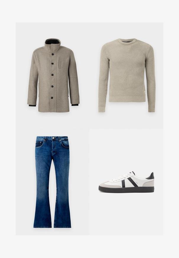 Light gray wool coat with a high collar, front button closure, and a side pocket. Features long sleeves and a smooth texture.; Beige knitted sweater with long sleeves, ribbed cuff and hem, round neck, textured pattern, made from soft material.; Flared blue denim jeans with a medium wash, featuring five pockets, a button closure, and visible stitching. Smooth texture with slight fading.; White sneaker with black and gray accents, featuring a textured gray toe cap, black rubber sole, and flat white laces. Clean design, minimalist style.