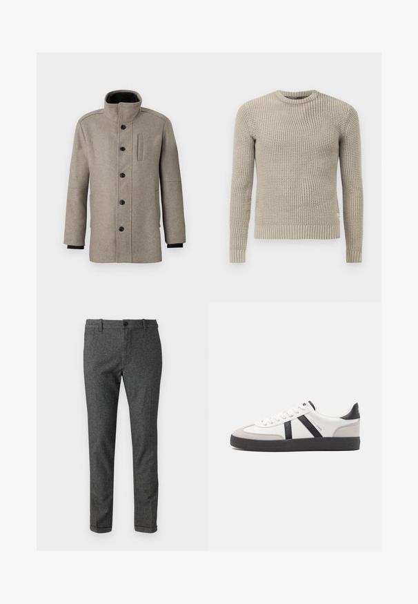 Gaiši pelēks vilnas mētelis ar augstu apkakli, priekšējo pogu aizdari un sānu kabatu. Tam ir garas piedurknes un gluda tekstūra.; Bežs adīts džemperis ar garām piedurknēm, ribota aproce un apakšmalā, apaļa kakla izgriezums, teksturēta raksts, izgatavots no mīksta materiāla.; Pelēkas vilnas maisījuma bikses ar šauru piegriezumu, ar plakanu priekšpusi, pogu aizdari un rullētu apakšu. Smalks tekstūras un klasiskā dizaina.; Baltas sneakeris ar melniem un pelēkiem akcentiem, kuram ir teksturēts pelēks purngals, melna gumijas zole un plakanas baltas šņores. Tīrs dizains, minimālisma stils.
