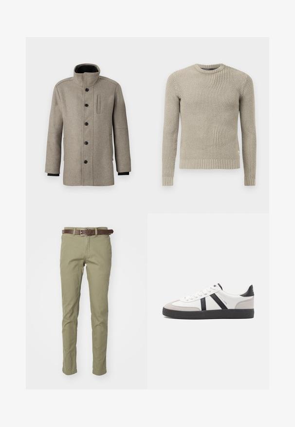 Šviesiai pilkas vilnos paltas su aukštu apykakle, priekyje mygtukų uždarymas ir šoninė kišenė. Yra ilgomis rankovėmis ir švelnia tekstūra.; Šviesiai rudas megztinis su ilgomis rankovėmis, įpjautais manžetais ir apačia, apvaliu kaklu, tekstūruotu raštu, pagamintas iš minkštos medžiagos.; Olive spalvos medvilniniai kelnių su siauru siluetu, su ruda odine diržu. Lygi tekstūra, be matomų raštų ar akcentų.; Balti sportbačiai su juodais ir pilkais akcentais, pasižymintys tekstūruotu pilku pirštų dangteliu, juoda gumine padais ir plokščiomis baltomis raišteliais. Švarus dizainas, minimalistinis stilius.