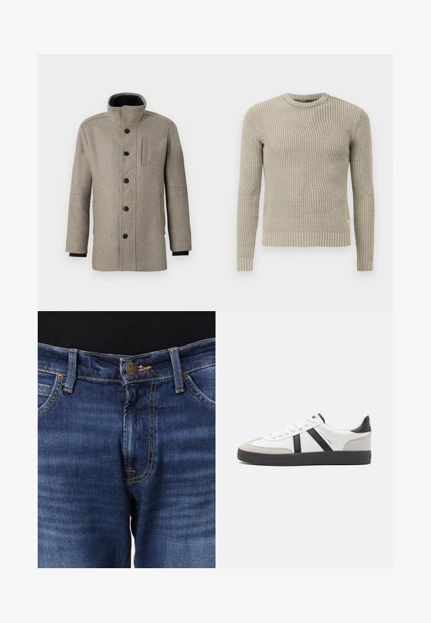 Lys grå ullkåpe med høyt krage, knappelukking foran og sidelomme. Har lange ermer og en jevn tekstur.; Beige strikket genser med lange ermer, ribbestrikket mansjett og kant, rund hals, teksturert mønster, laget av mykt materiale.; Blå denimjeans med rett passform. Har knappestenger, kontraststing og fem-lommers design. Merket "Lee" synlig på knappen.; Hvite sneakers med svarte og grå detaljer, med en teksturert grå tåhette, svart gummisåle, og flate hvite lisser. Rent design, minimalistisk stil.