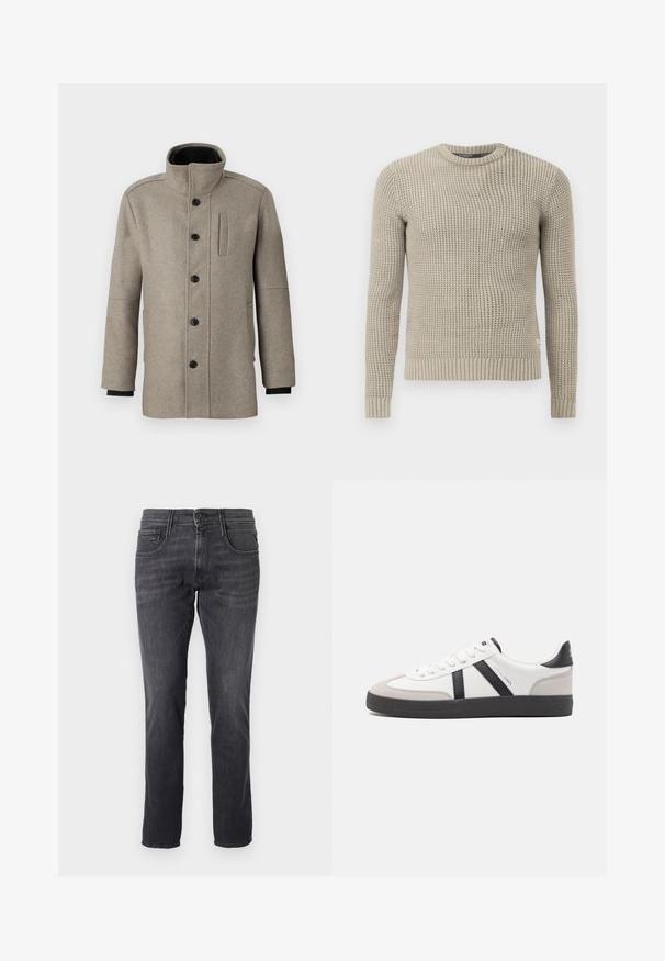 Light gray wool coat with a high collar, front button closure, and a side pocket. Features long sleeves and a smooth texture.; Beige knitted sweater with long sleeves, ribbed cuff and hem, round neck, textured pattern, made from soft material.; Dark gray jeans made from denim, featuring a classic five-pocket design, straight cut, and metal button closure at the waist.; White sneaker with black and gray accents, featuring a textured gray toe cap, black rubber sole, and flat white laces. Clean design, minimalist style.