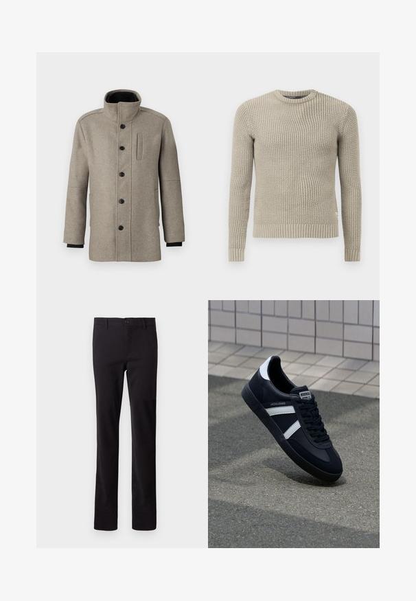 Šviesiai pilkas vilnos paltas su aukštu apykakle, priekyje mygtukų uždarymas ir šoninė kišenė. Yra ilgomis rankovėmis ir švelnia tekstūra.; Šviesiai rudas megztinis su ilgomis rankovėmis, įpjautais manžetais ir apačia, apvaliu kaklu, tekstūruotu raštu, pagamintas iš minkštos medžiagos.; Juodos kelnės iš medvilnės mišinio; tiesaus kirpimo, su priekyje esančia mygtuko uždarymo sistema. Nėra matomų raštų ar dekoracijų.; Juodas odinis sportinis batelis su baltais dryžiais, tekstūruota gumine padais ir raišteliais priekyje. Yra prekės ženklą žymintis etiketė ant liežuvio.