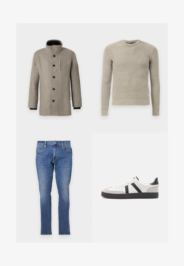 Lys grå ullkåpe med høyt krage, knappelukking foran og sidelomme. Har lange ermer og en jevn tekstur.; Beige strikket genser med lange ermer, ribbestrikket mansjett og kant, rund hals, teksturert mønster, laget av mykt materiale.; Blå denim jeans med et klassisk rette ben-design, fem-lomme stil og oransje stikninger. Stoffet er teksturert og holdbart.; Hvite sneakers med svarte og grå detaljer, med en teksturert grå tåhette, svart gummisåle, og flate hvite lisser. Rent design, minimalistisk stil.