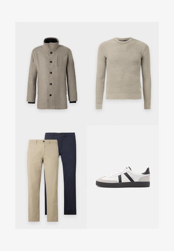 Palton din lână gri deschis, cu guler înalt, închidere cu butoane în față și un buzunar lateral. Are mâneci lungi și o textură fină.; Pulover bej tricotat, cu mâneci lungi, tiv și manșete cu dantelă, decolteu rotund, model texturat, realizat dintr-un material moale.; Pantaloni chino kaki și bleumarin afișați unul lângă altul. Ambele au croială dreaptă a piciorului, design cu față plată și închidere cu un singur nasture. Textură din bumbac.; Sneaker alb cu accente negre și gri, având un capac de vârf gri texturat, talpă din cauciuc negru și șireturi plate albe. Design elegant, stil minimalist.