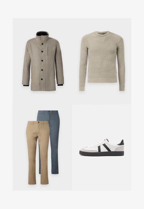 Lichtgrijze wollen jas met hoge kraag, sluiting met knopen aan de voorkant en een zijzak. Heeft lange mouwen en een gladde textuur.; Beige gebreide trui met lange mouwen, geribde manchetten en zoom, ronde hals, gestructureerd patroon, gemaakt van zacht materiaal.; Twee paren rechte broek: één in kaki en één in donkerblauw. Gemaakt van katoen; heeft een tailleband en knoopsluiting.; Witte sneaker met zwarte en grijze accenten, voorzien van een grijze neus met textuur, zwarte rubberen zool en platte witte veters. Schoon ontwerp, minimalistische stijl.