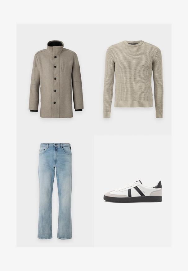 Lichtgrijze wollen jas met hoge kraag, sluiting met knopen aan de voorkant en een zijzak. Heeft lange mouwen en een gladde textuur.; Beige gebreide trui met lange mouwen, geribde manchetten en zoom, ronde hals, gestructureerd patroon, gemaakt van zacht materiaal.; Lichtblauwe denim jeans met een ontspannen pasvorm, met subtiele verwerkte details en een klassiek vijfzakkenontwerp.; Witte sneaker met zwarte en grijze accenten, voorzien van een grijze neus met textuur, zwarte rubberen zool en platte witte veters. Schoon ontwerp, minimalistische stijl.