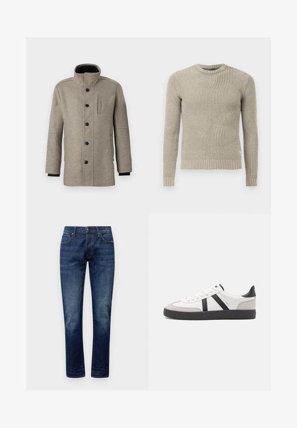 Lys grå ullkåpe med høyt krage, knappelukking foran og sidelomme. Har lange ermer og en jevn tekstur.; Beige strikket genser med lange ermer, ribbestrikket mansjett og kant, rund hals, teksturert mønster, laget av mykt materiale.; Dongeribukser i mørkeblå med en glat tekstur, lige ben-design, fem-lomme stil og orange syninger som accenter ved sømme og lommer.; Hvite sneakers med svarte og grå detaljer, med en teksturert grå tåhette, svart gummisåle, og flate hvite lisser. Rent design, minimalistisk stil.