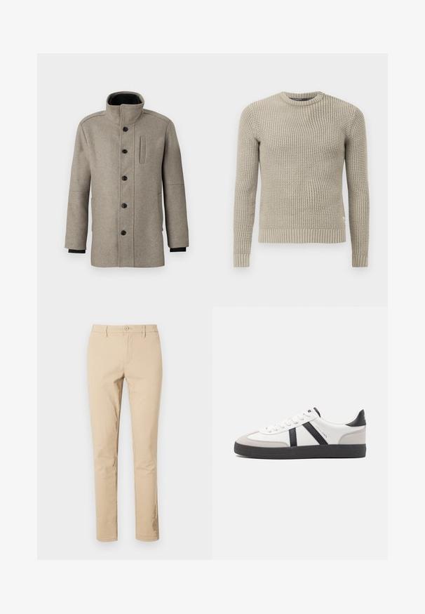 Abrigo de lana gris claro con un cuello alto, cierre frontal de botones y un bolsillo lateral. Presenta mangas largas y una textura suave.; Suéter de punto beige con mangas largas, puño y dobladillo acanalados, cuello redondo, patrón texturizado, hecho de material suave.; Pantalones de algodón beige con un ajuste clásico, cremallera con cierre de botón, trabillas para cinturón y dobladillos limpios. Sin patrones ni acentos visibles.; Zapatilla blanca con acentos en negro y gris, que presenta una puntera texturizada en gris, suela de goma negra y cordones planos blancos. Diseño limpio, estilo minimalista.
