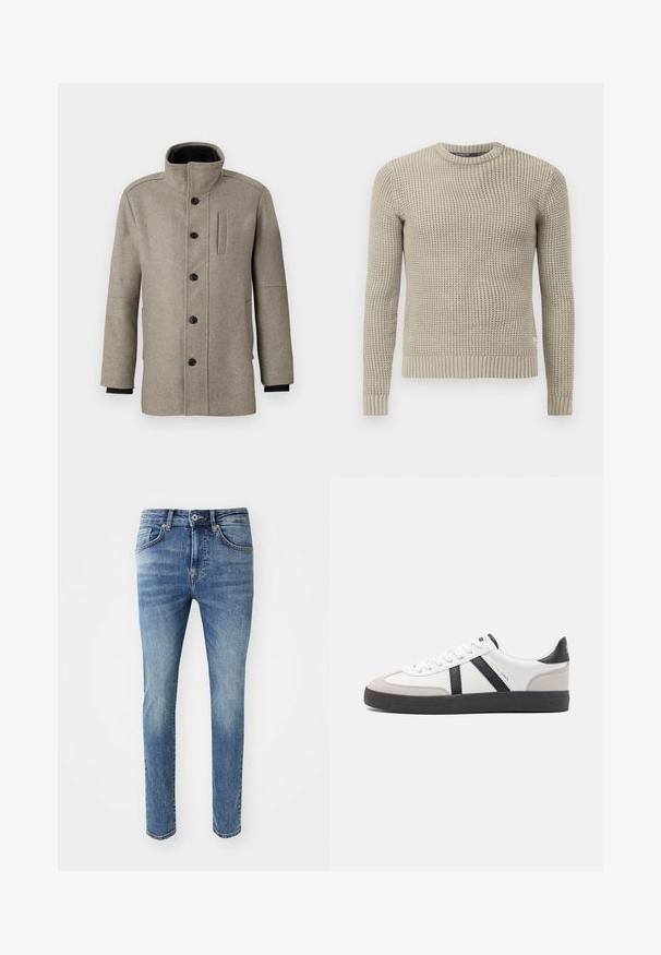 Világosszürke gyapjú kabát magas gallérral, elöl gombos záródással és oldalsó zsebbel. Hosszú ujjakkal és sima textúrával rendelkezik.; Bézs kötött pulóver hosszú ujjal, bordás mandzsettával és hem, kerek nyakkal, texturált mintával, puha anyagból készült.; Fakó világoskék, vékony szabású farmernadrág, öt zsebbel, cipzáros középpel és fémből készült gombos záródással a derékrészen.; Fehér sneaker fekete és szürke részletekkel, textúrált szürke orr résszel, fekete gumitalppal és lapos fehér fűzőkkel. Tiszta dizájn, minimalista stílus.