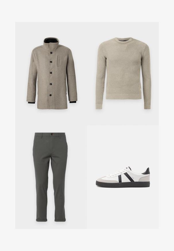 Svijetlosivi vuneni kaput s visokim ovratnikom, prednjim zatvaranjem na dugmad i bočnom džepom. Ima duge rukave i glatku teksturu.; Bež pleteni džemper s dugim rukavima, rebrastim manžetama i rubom, okruglim izrezom, teksturiranim uzorkom, izrađen od mekanog materijala.; Sive hlače ravnog kroja, izrađene od lagane tkanine, s prevrnutim rubom i jednim prednjim kopčanjem na dugme.; Bijele tenisice s crnim i sivim detaljima, s teksturiranim sivim zaštitnikom prstiju, crnim gumene potplate i ravnim bijelim vezicama. Čist dizajn, minimalistički stil.