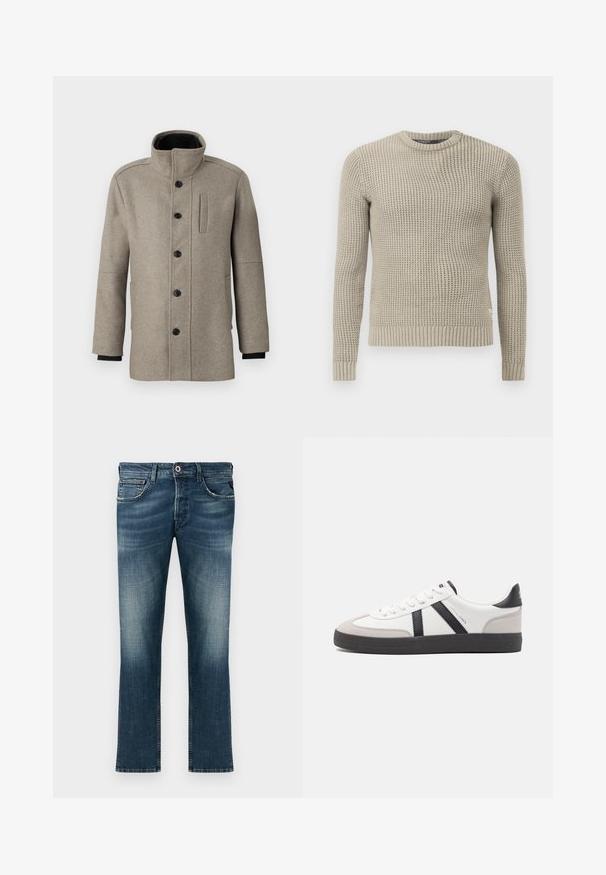 Heled hall villane mantel kõrge kraega, esiseotud nööpidega ja küljetaskuga. Omab pikki varrukaid ja siledat tekstuuri.; Beige kootud sviiter pikkade varrukatega, soonikuga mansetid ja alläär, ümar kaelus, tekstuuriga muster, valmistatud pehmest materjalist.; Tumedates sinised teksad, millel on kulunud viimistlus. Omab klassikalist viit taskut, sirget lõike ja punast detailnuppu.; Valged tossud mustade ja hallide aktsentidega, tekstureeritud halli varbakattega, musta kummitald ja lamedad valged paelad. Puhtad jooned, minimalistlik stiil.