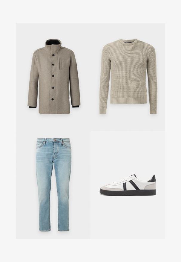 Palton din lână gri deschis, cu guler înalt, închidere cu butoane în față și un buzunar lateral. Are mâneci lungi și o textură fină.; Pulover bej tricotat, cu mâneci lungi, tiv și manșete cu dantelă, decolteu rotund, model texturat, realizat dintr-un material moale.; Jeans din denim de un albastru deschis, cu o croială dreaptă, design cu cinci buzunare și decolorare subtilă. Închidere cu nasture la talie, finisaj curat la tivuri.; Sneaker alb cu accente negre și gri, având un capac de vârf gri texturat, talpă din cauciuc negru și șireturi plate albe. Design elegant, stil minimalist.