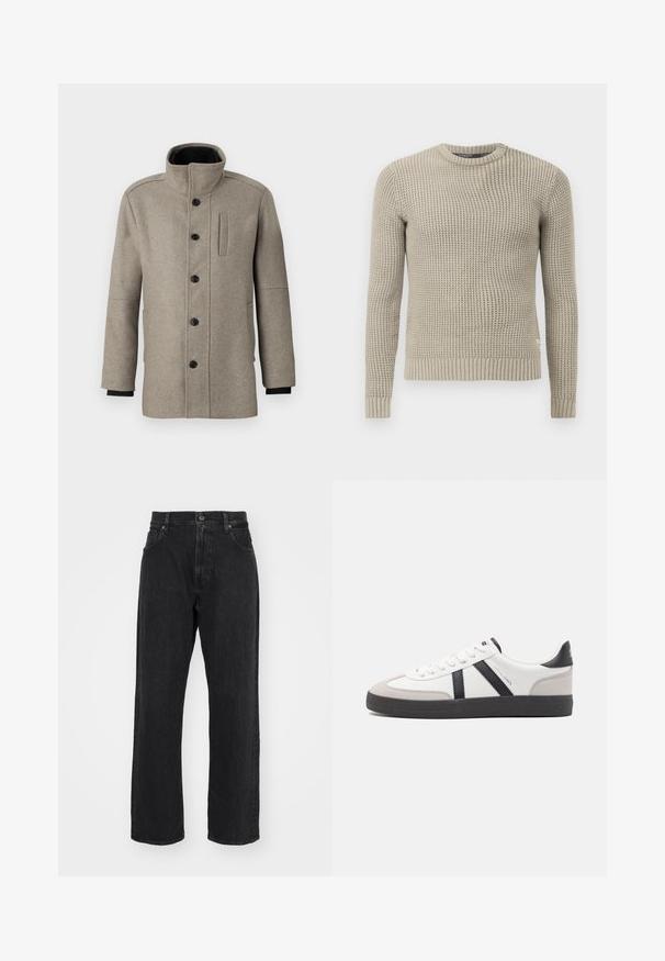 Heled hall villane mantel kõrge kraega, esiseotud nööpidega ja küljetaskuga. Omab pikki varrukaid ja siledat tekstuuri.; Beige kootud sviiter pikkade varrukatega, soonikuga mansetid ja alläär, ümar kaelus, tekstuuriga muster, valmistatud pehmest materjalist.; Mustad denim püksid sirge säärega, standardse vöökohtade disainiga, viie taskuga ja peente õmbluse detailidega.; Valged tossud mustade ja hallide aktsentidega, tekstureeritud halli varbakattega, musta kummitald ja lamedad valged paelad. Puhtad jooned, minimalistlik stiil.
