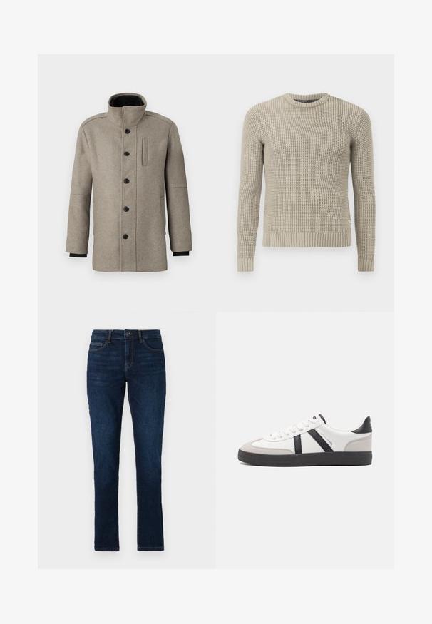 Light gray wool coat with a high collar, front button closure, and a side pocket. Features long sleeves and a smooth texture.; Beige knitted sweater with long sleeves, ribbed cuff and hem, round neck, textured pattern, made from soft material.; Dark blue denim jeans with a slim fit, standard five-pocket design, and a button and zipper closure. Smooth texture with minimal fading.; White sneaker with black and gray accents, featuring a textured gray toe cap, black rubber sole, and flat white laces. Clean design, minimalist style.