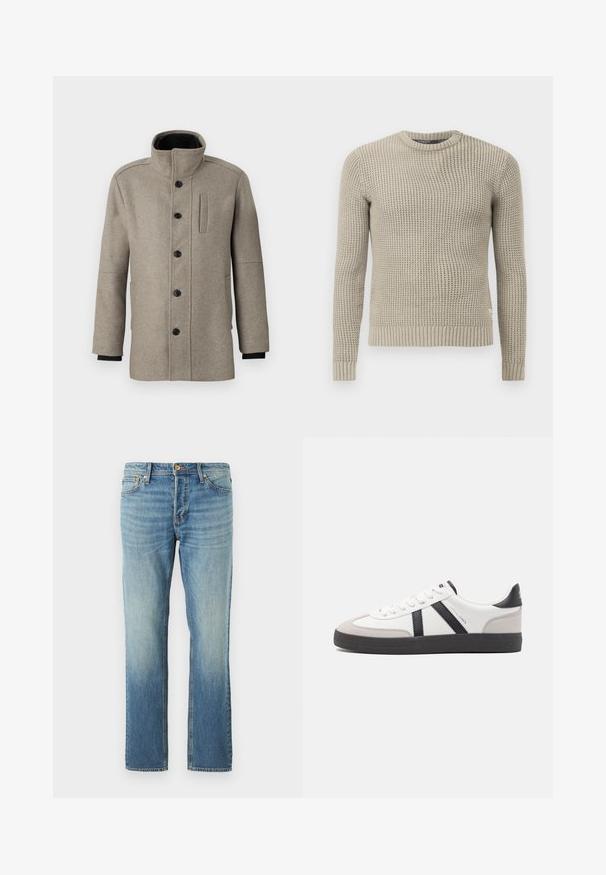 Manteau en laine gris clair avec un col haut, fermeture à boutons sur le devant et une poche latérale. Il a des manches longues et une texture lisse.; Pull en tricot beige avec des manches longues, poignets et ourlet côtelés, col rond, motif texturé, fabriqué à partir de matériau doux.; Jean en denim bleu clair avec une coupe droite, présentant une finition délavée, des rivets en cuivre et un style classique à cinq poches.; Baskets blanches avec des accents noirs et gris, présentant un embout texturé gris, une semelle en caoutchouc noir et des lacets plats blancs. Design épuré, style minimaliste.