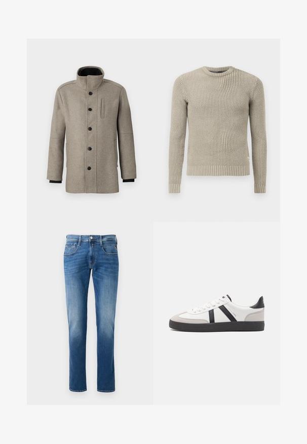 Svijetlosivi vuneni kaput s visokim ovratnikom, prednjim zatvaranjem na dugmad i bočnom džepom. Ima duge rukave i glatku teksturu.; Bež pleteni džemper s dugim rukavima, rebrastim manžetama i rubom, okruglim izrezom, teksturiranim uzorkom, izrađen od mekanog materijala.; Muške plave traperice s izblijedjelim pranjem, ravnog kroja, pet džepova i prednjim zatvaranjem na gumb. Šivani detalji na džepovima.; Bijele tenisice s crnim i sivim detaljima, s teksturiranim sivim zaštitnikom prstiju, crnim gumene potplate i ravnim bijelim vezicama. Čist dizajn, minimalistički stil.