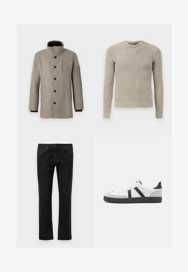 Lys grå ullkåpe med høyt krage, knappelukking foran og sidelomme. Har lange ermer og en jevn tekstur.; Beige strikket genser med lange ermer, ribbestrikket mansjett og kant, rund hals, teksturert mønster, laget av mykt materiale.; Svarte denimjeans med rett ben-design, fem lommer, subtilt slitasjemønster og oransje sømdetaljer.; Hvite sneakers med svarte og grå detaljer, med en teksturert grå tåhette, svart gummisåle, og flate hvite lisser. Rent design, minimalistisk stil.