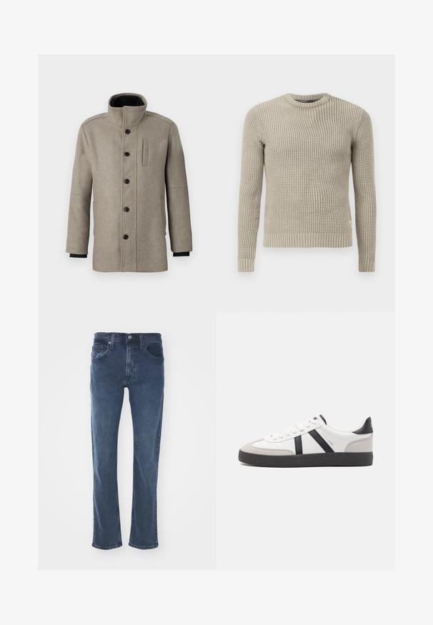 Lys grå ullkåpe med høyt krage, knappelukking foran og sidelomme. Har lange ermer og en jevn tekstur.; Beige strikket genser med lange ermer, ribbestrikket mansjett og kant, rund hals, teksturert mønster, laget av mykt materiale.; Mørkeblå denimjeans med rett snitt, fem lommer, diskrete sømdetaljer og en klassisk linning med knappelukking.; Hvite sneakers med svarte og grå detaljer, med en teksturert grå tåhette, svart gummisåle, og flate hvite lisser. Rent design, minimalistisk stil.