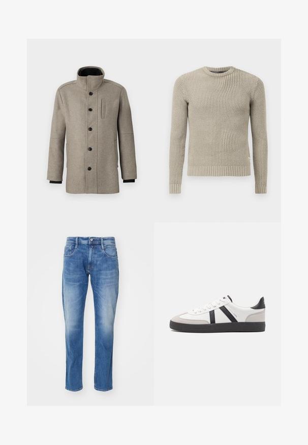 Palton din lână gri deschis, cu guler înalt, închidere cu butoane în față și un buzunar lateral. Are mâneci lungi și o textură fină.; Pulover bej tricotat, cu mâneci lungi, tiv și manșete cu dantelă, decolteu rotund, model texturat, realizat dintr-un material moale.; Jeans din denim de culoare albastru deschis, cu croială drepte, design cu cinci buzunare, estompare subtilă și talie standard cu închidere prin buton.; Sneaker alb cu accente negre și gri, având un capac de vârf gri texturat, talpă din cauciuc negru și șireturi plate albe. Design elegant, stil minimalist.