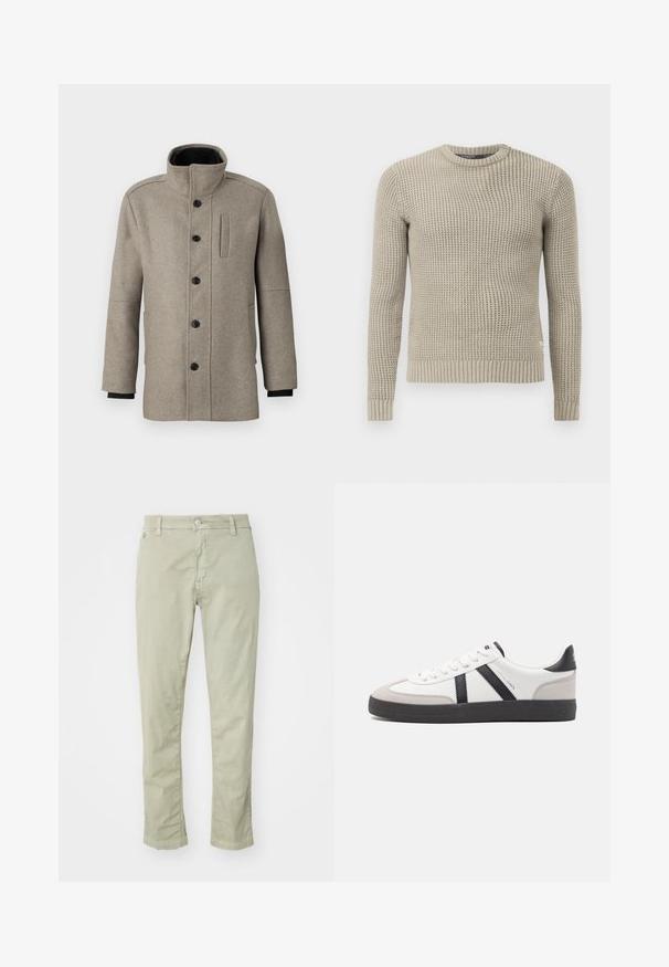Hellgrauer Wollmantel mit hohem Kragen, vorderem Knopfverschluss und Seitentasche. Mit langen Ärmeln und einer glatten Textur.; Beige gestrickter Pullover mit langen Ärmeln, gerippten Bündchen und Saum, Rundhalsausschnitt, strukturiertem Muster, aus weichem Material hergestellt.; Hellgrüne Baumwollhose mit schmaler Passform, ausgestattet mit einem Knopfverschluss, einem Fünf-Taschen-Design und dezenten Steppdetails.; Weiße Sneaker mit schwarz- und grau-aczenten, ausgestattet mit einer strukturierten grauen Zehenkappe, schwarzer Gummi-Sohle und flachen weißen Schnürsenkeln. Sauberes Design, minimalistische Stil.