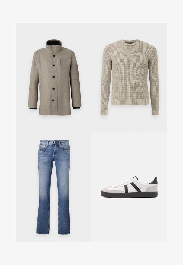 Lys grå ullkåpe med høyt krage, knappelukking foran og sidelomme. Har lange ermer og en jevn tekstur.; Beige strikket genser med lange ermer, ribbestrikket mansjett og kant, rund hals, teksturert mønster, laget av mykt materiale.; Lys blå denimjeans med buktende ben, med fem lommer, en frontlukking med knapp og subtil fading gjennom hele.; Hvite sneakers med svarte og grå detaljer, med en teksturert grå tåhette, svart gummisåle, og flate hvite lisser. Rent design, minimalistisk stil.