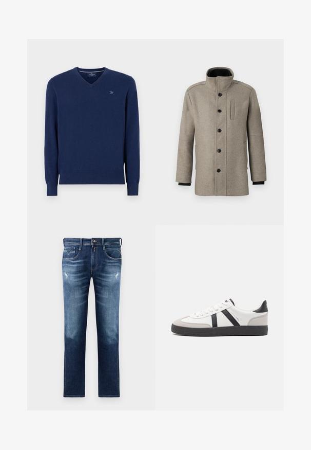 Ljusgrå ullkappa med hög krage, knappstängning fram och sidoficka. Har långa ärmar och en mjuk textur.; Navyblå v-ringad tröja i mjukt stickat material. Har långa ärmar och en diskret broderad logotyp på bröstet. Slät yta.; Blå denimjeans med regular fit, med en blekt tvätt, lätt slitage, fem fickor och kontrasterande sömmar. Knäppning vid midjan.; Vit sneaker med svarta och grå accenter, med en strukturerad grå tådel, svart gummisul, och platta vita skosnören. Ren design, minimalistisk stil.