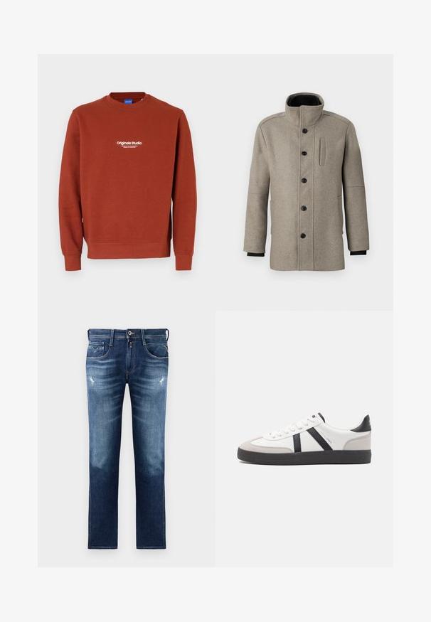 Palton din lână gri deschis, cu guler înalt, închidere cu butoane în față și un buzunar lateral. Are mâneci lungi și o textură fină.; Hanorac de culoare ruginie, fabricat dintr-un material moale. Are un guler rotund și mâneci lungi. Textul alb de pe față afișează "Originals Studio."; Jeanși din denim albastru cu croială regulară, având un spălare decolorată, ușor uzată, cinci buzunare și cusături contrastante. Închidere cu nasture la talie.; Sneaker alb cu accente negre și gri, având un capac de vârf gri texturat, talpă din cauciuc negru și șireturi plate albe. Design elegant, stil minimalist.