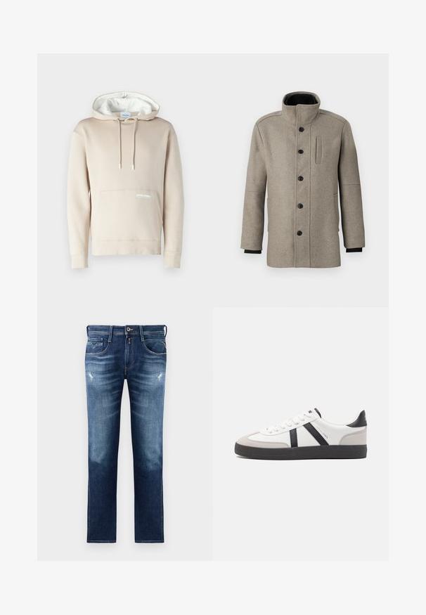 Light gray wool coat with a high collar, front button closure, and a side pocket. Features long sleeves and a smooth texture.; Beige hoodie with a white-lined hood, drawstrings, and a front pocket. Features a subtle logo on the pocket. Made of soft fabric.; Blue denim jeans with a regular fit, featuring a faded wash, slight distressing, five pockets, and contrast stitching. Button closure at waist.; White sneaker with black and gray accents, featuring a textured gray toe cap, black rubber sole, and flat white laces. Clean design, minimalist style.