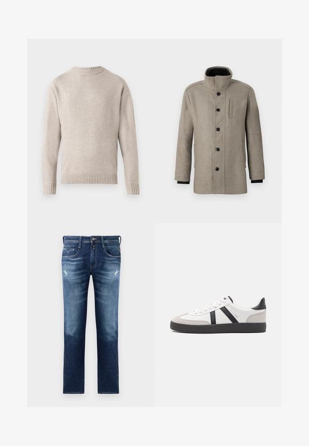 Hellgrauer Wollmantel mit hohem Kragen, vorderem Knopfverschluss und Seitentasche. Mit langen Ärmeln und einer glatten Textur.; Beige gestrickter Pullover mit rundem Ausschnitt, gerippten Bündchen und Saum sowie einer weichen Textur. Verfügt über eine lockere Passform und lange Ärmel.; Blaue Denim-Jeans mit regulärer Passform, ausgestattet mit einer verwaschenen Optik, leichten Gebrauchsspuren, fünf Taschen und Kontrastnähten. Knopfverschluss am Bund.; Weiße Sneaker mit schwarz- und grau-aczenten, ausgestattet mit einer strukturierten grauen Zehenkappe, schwarzer Gummi-Sohle und flachen weißen Schnürsenkeln. Sauberes Design, minimalistische Stil.