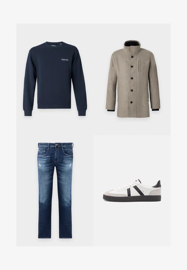 Šviesiai pilkas vilnos paltas su aukštu apykakle, priekyje mygtukų uždarymas ir šoninė kišenė. Yra ilgomis rankovėmis ir švelnia tekstūra.; Tamsiai mėlynas džemperis, su apvaliu kaklu, ilgomis rankovėmis, su gumuotais rankogaliais ir apdaila. Kairėje krūtinėje įsiuvinėtas užrašas "Club1990". Švelni audinio tekstūra.; Mėlynos denim kelnės su įprastu siluetu, su išblukusiu viršumi, mažomis dėvėjimo žymėmis, penkiomis kišenėmis ir kontrastingais siūlais. Mygtukų užsegimas juosmenyje.; Balti sportbačiai su juodais ir pilkais akcentais, pasižymintys tekstūruotu pilku pirštų dangteliu, juoda gumine padais ir plokščiomis baltomis raišteliais. Švarus dizainas, minimalistinis stilius.