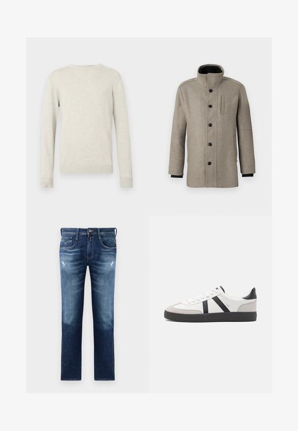 Light gray wool coat with a high collar, front button closure, and a side pocket. Features long sleeves and a smooth texture.; Long-sleeve beige crewneck sweater with ribbed cuffs and hem displayed against a plain white background.; Blue denim jeans with a regular fit, featuring a faded wash, slight distressing, five pockets, and contrast stitching. Button closure at waist.; White sneaker with black and gray accents, featuring a textured gray toe cap, black rubber sole, and flat white laces. Clean design, minimalist style.