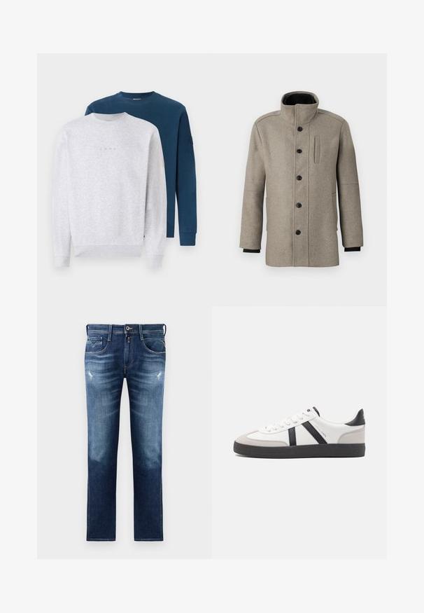 Svetle šedý vlněný kabát s vysokým límcem, předním zapínáním na knoflíky a boční kapsou. Má dlouhé rukávy a hladkou strukturu.; Dvoje mikin, jedna poskládaná na druhou: jedna ve světle šedé s decentním logem, druhá ve tmavě modré. Obě mají kulaté výstřihy a pružné manžety.; Modré džíny z denimu s klasickým střihem, s vybledlým vzhledem, mírným poškozením, pěti kapsami a kontrastním prošíváním. Zapínání na knoflík v pase.; Bílé tenisky s černými a šedými akcenty, opatřené texturovaným šedým prstovým krytem, černou gumovou podrážkou a plochými bílými tkaničkami. Čistý design, minimalistický styl.