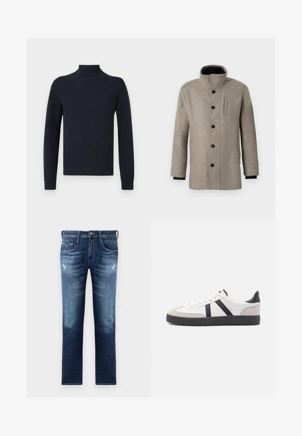 Light gray wool coat with a high collar, front button closure, and a side pocket. Features long sleeves and a smooth texture.; Navy blue turtleneck sweater made of ribbed knit material, featuring long sleeves and fitted cuffs with a clean, simple design.; Blue denim jeans with a regular fit, featuring a faded wash, slight distressing, five pockets, and contrast stitching. Button closure at waist.; White sneaker with black and gray accents, featuring a textured gray toe cap, black rubber sole, and flat white laces. Clean design, minimalist style.