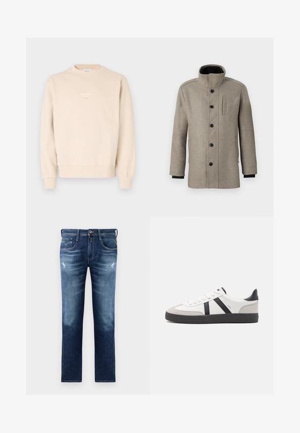 Light gray wool coat with a high collar, front button closure, and a side pocket. Features long sleeves and a smooth texture.; Beige sweatshirt made from soft fabric, featuring a crew neckline, ribbed cuffs, and a small white logo on the chest.; Blue denim jeans with a regular fit, featuring a faded wash, slight distressing, five pockets, and contrast stitching. Button closure at waist.; White sneaker with black and gray accents, featuring a textured gray toe cap, black rubber sole, and flat white laces. Clean design, minimalist style.