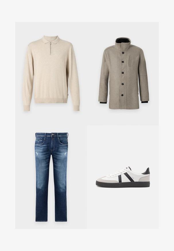 Svetle šedý vlněný kabát s vysokým límcem, předním zapínáním na knoflíky a boční kapsou. Má dlouhé rukávy a hladkou strukturu.; Beige dlouhý svetr s límečkem a zipovým uzávěrem. Vyroben z měkkého materiálu s žebrovanými manžetami a lemem.; Modré džíny z denimu s klasickým střihem, s vybledlým vzhledem, mírným poškozením, pěti kapsami a kontrastním prošíváním. Zapínání na knoflík v pase.; Bílé tenisky s černými a šedými akcenty, opatřené texturovaným šedým prstovým krytem, černou gumovou podrážkou a plochými bílými tkaničkami. Čistý design, minimalistický styl.