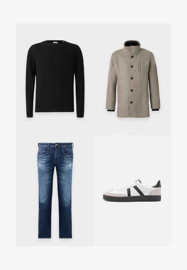 Palton din lână gri deschis, cu guler înalt, închidere cu butoane în față și un buzunar lateral. Are mâneci lungi și o textură fină.; Pulover negru din tricot cu model de cablu, cu maneci lungi și guler rotund. Prezintă un model texturat și mansete și tiv cu laturi ribbate.; Jeanși din denim albastru cu croială regulară, având un spălare decolorată, ușor uzată, cinci buzunare și cusături contrastante. Închidere cu nasture la talie.; Sneaker alb cu accente negre și gri, având un capac de vârf gri texturat, talpă din cauciuc negru și șireturi plate albe. Design elegant, stil minimalist.