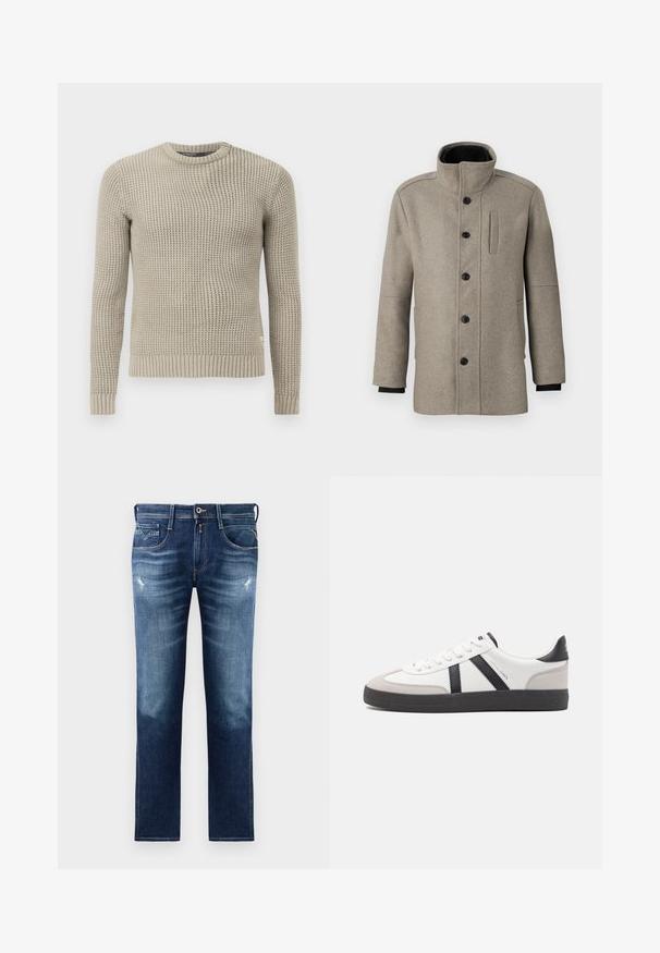 Hellgrauer Wollmantel mit hohem Kragen, vorderem Knopfverschluss und Seitentasche. Mit langen Ärmeln und einer glatten Textur.; Beige gestrickter Pullover mit langen Ärmeln, gerippten Bündchen und Saum, Rundhalsausschnitt, strukturiertem Muster, aus weichem Material hergestellt.; Blaue Denim-Jeans mit regulärer Passform, ausgestattet mit einer verwaschenen Optik, leichten Gebrauchsspuren, fünf Taschen und Kontrastnähten. Knopfverschluss am Bund.; Weiße Sneaker mit schwarz- und grau-aczenten, ausgestattet mit einer strukturierten grauen Zehenkappe, schwarzer Gummi-Sohle und flachen weißen Schnürsenkeln. Sauberes Design, minimalistische Stil.