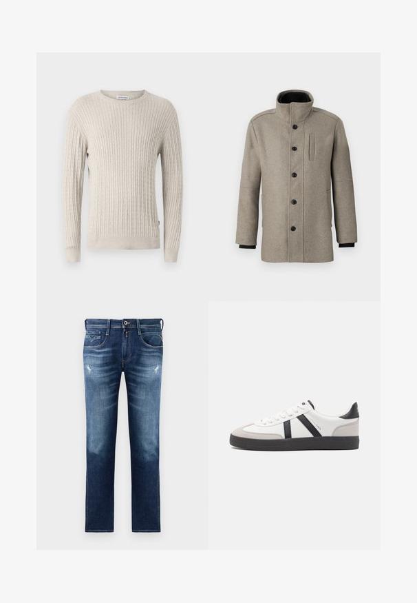 Palton din lână gri deschis, cu guler înalt, închidere cu butoane în față și un buzunar lateral. Are mâneci lungi și o textură fină.; Pulover bej tricotat, cu o textură în relief, guler rotund, mâneci lungi și margine solidă, având un mic etichetă cu logo pe lateral.; Jeanși din denim albastru cu croială regulară, având un spălare decolorată, ușor uzată, cinci buzunare și cusături contrastante. Închidere cu nasture la talie.; Sneaker alb cu accente negre și gri, având un capac de vârf gri texturat, talpă din cauciuc negru și șireturi plate albe. Design elegant, stil minimalist.