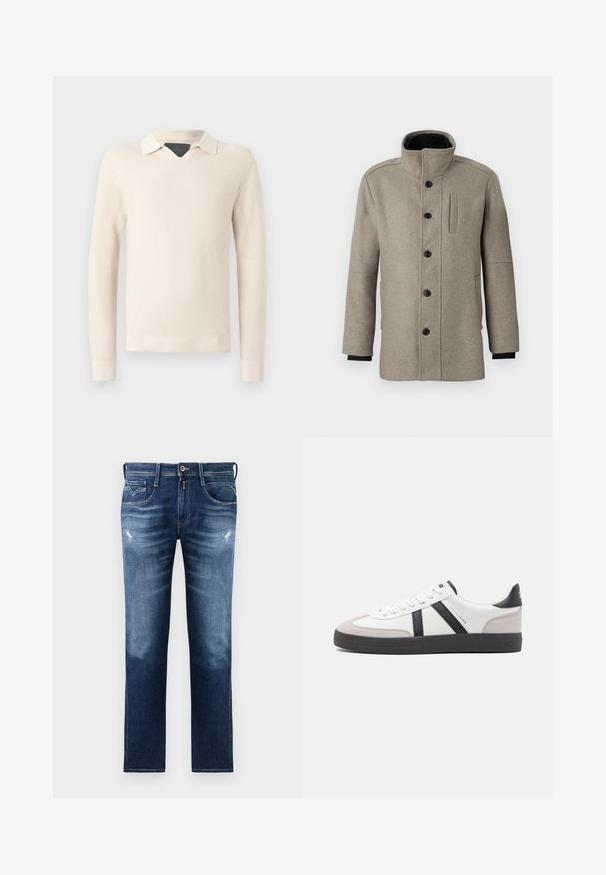 Svetlo siva volna pika s visokim ovratnikom, sprednjim gumbom in stransko žepom. Ima dolge rokave in gladko teksturo.; Pletena puloverjasta puli v svetlo bež barvi, z kontrastnim belim ovratnikom, teksturiranim vzorcem ter rebrastimi manšetami in koncem.; Modra denim hlače s regularno prileganjem, z obdelanim pranjem, lahkimi poškodbami, petimi žepi in kontrastnim šivanjem. Zapenjanje na gumb ob pasu.; Bela športna obutev z črnimi in sivo akcenti, z teksturirano sivo kapico za prste, črnim gumijastim podplatom in ravnimi belimi vezalkami. Čista zasnova, minimalistični slog.