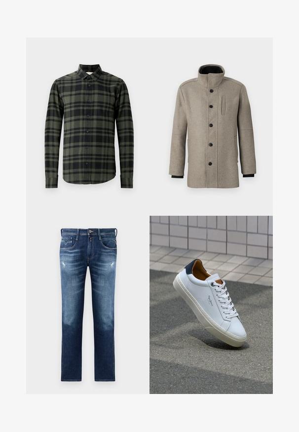 Jasnoszary wełniany płaszcz z wysokim kołnierzem, zapięcie na guziki z przodu oraz boczną kieszenią. Posiada długie rękawy i gładką teksturę.; Koszula z długim rękawem w ciemnozielonym i czarnym kratkowanym wzorze, wykonana z flaneli. Posiada klasyczny kołnierzyk i czarne guziki.; Niebieskie dżinsy z regularnym krojem, z wyblakłym praniem, niewielkimi przetarciami, pięcioma kieszeniami i kontrastowym szwem. Zapięcie na guzik w talii.; Białe skórzane trampki z granatowym piętkiem, okrągłym noskiem i kontrastowymi brązowymi akcentami. Posiadają płaskie sznurówki i teksturowaną gumową podeszwę.