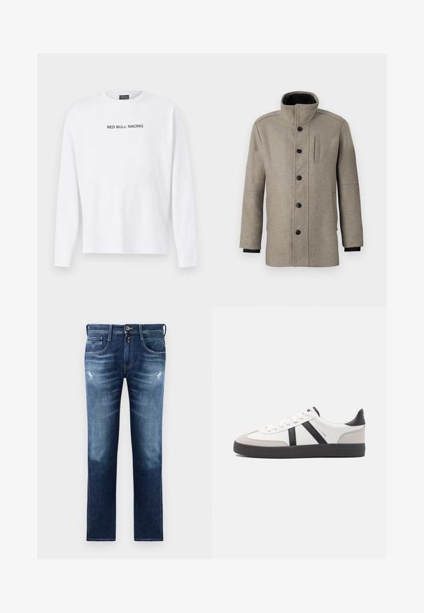Light gray wool coat with a high collar, front button closure, and a side pocket. Features long sleeves and a smooth texture.; White long-sleeve t-shirt made of cotton, featuring "RED BULL RACING" printed in black across the chest. Crew neck design, relaxed fit.; Blue denim jeans with a regular fit, featuring a faded wash, slight distressing, five pockets, and contrast stitching. Button closure at waist.; White sneaker with black and gray accents, featuring a textured gray toe cap, black rubber sole, and flat white laces. Clean design, minimalist style.