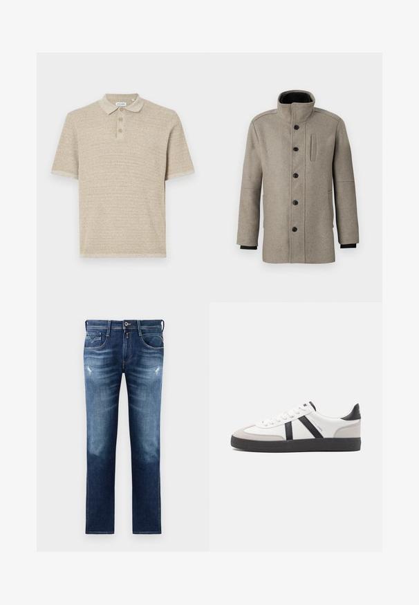 Jasnoszary wełniany płaszcz z wysokim kołnierzem, zapięcie na guziki z przodu oraz boczną kieszenią. Posiada długie rękawy i gładką teksturę.; Beżowa koszulka polo, krótki rękaw, fakturowany dzianinowy materiał, plisa na trzy guziki, klasyczny kołnierzyk, delikatny wzór, luźny krój.; Niebieskie dżinsy z regularnym krojem, z wyblakłym praniem, niewielkimi przetarciami, pięcioma kieszeniami i kontrastowym szwem. Zapięcie na guzik w talii.; Białe sneakersy z czarnymi i szarymi akcentami, z teksturowanym szarym czubkiem, czarną gumową podeszwą i płaskimi białymi sznurowadłami. Czysty design, minimalistyczny styl.