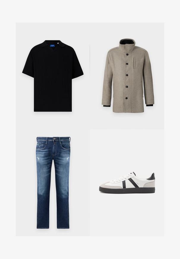 Lys grå uldfrakke med høj krave, frontlukning med knapper og en sidelomme. Har lange ærmer og en glat tekstur.; Sort kortærmet polo skjorte med V-hals, der har en ribbet tekstur og subtile lodrette striber. Mærke indeni halsområdet.; Blå denim jeans med regular fit, med en blegnet vask, let slid, fem lommer og kontrastsyninger. Knaplukning i taljen.; Hvide sneakers med sorte og grå detaljer, med en tekstureret grå tåhætte, sort gummisål og flade hvide snørebånd. Rent design, minimalistisk stil.