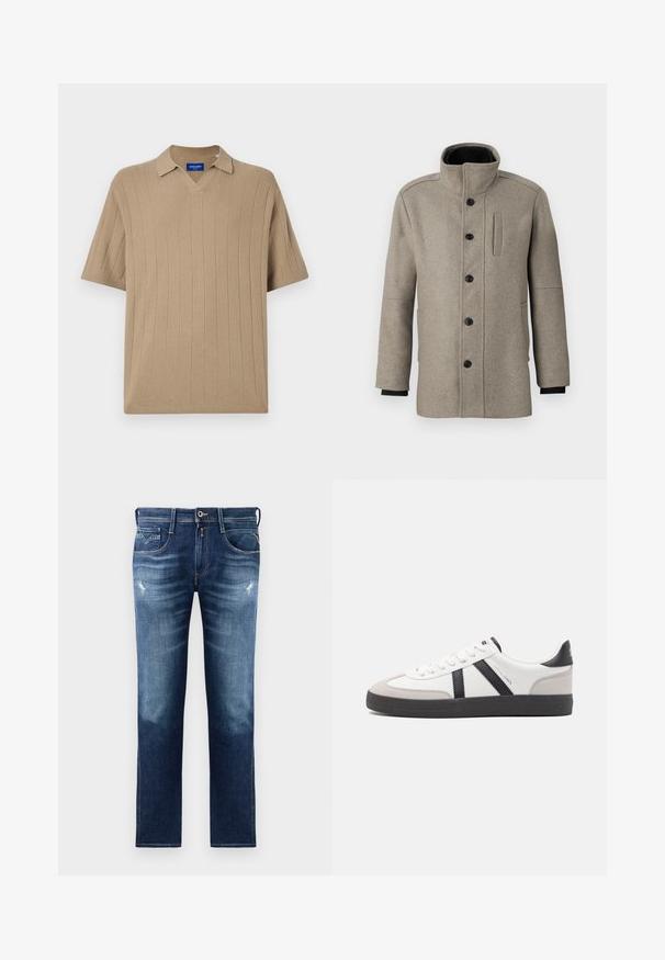 Lys grå uldfrakke med høj krave, frontlukning med knapper og en sidelomme. Har lange ærmer og en glat tekstur.; Jack & Jones JORVARENNA SPLIT NECK - Poloshirts - silver sage; Blå denim jeans med regular fit, med en blegnet vask, let slid, fem lommer og kontrastsyninger. Knaplukning i taljen.; Hvide sneakers med sorte og grå detaljer, med en tekstureret grå tåhætte, sort gummisål og flade hvide snørebånd. Rent design, minimalistisk stil.