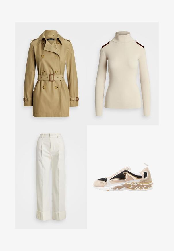Beżowy płaszcz trenchowy z podwójnym zapięciem, dużymi guzikami, paskiem w talii i epoletami na ramionach. Gładki materiał o klasycznej sylwetce.; Kremowy sweter z golfem w prążki z długimi rękawami i ciemnobrązowymi akcentami na ramionach. Dopasowany krój podkreśla kształt ciała i teksturę.; Białe spersonalizowane spodnie z wysokim stanem, podwójnymi fałdami z przodu oraz szerokimi nogawkami z założonymi mankietami. Wykonane z gładkiego, teksturowanego materiału.; Sneaker z czarną siateczkową cholewką, akcentami z beżowego zamszu i złotym metalicznym detalem. Posiada białą podeszwę z wzorem falowym.